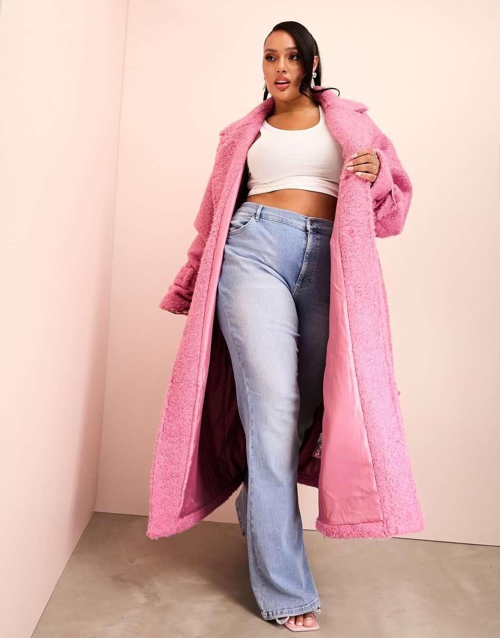 ASOS LUXE Curve borg long line trench coat with belted waist Product Image