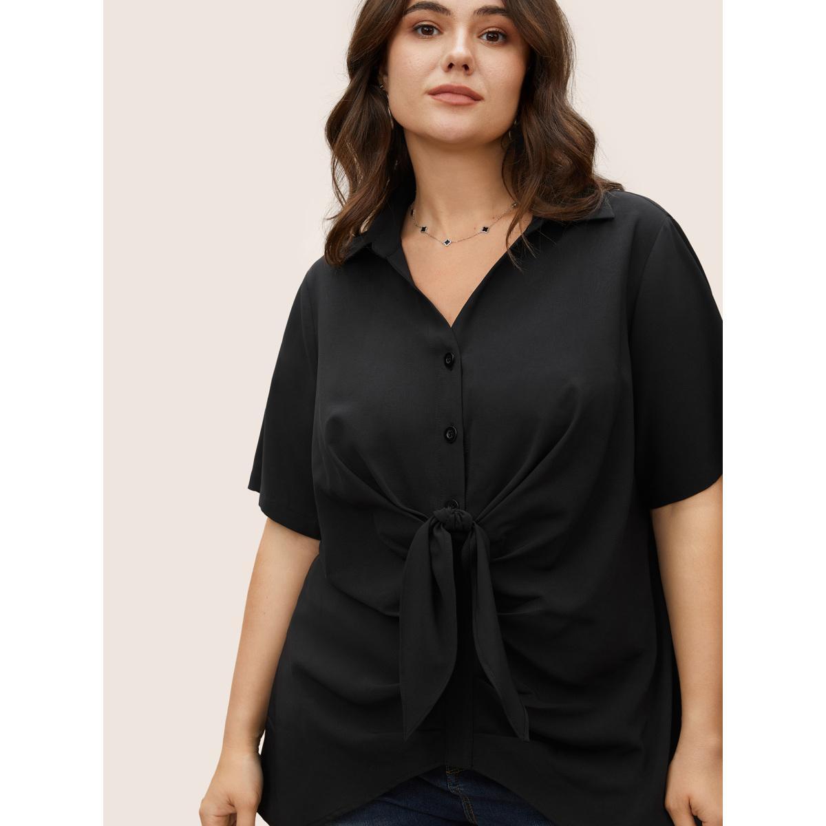 Plus Size Black Plain Tie Knot Stretchy Woven Pleated Blouse Women Work From Home Short sleeve Shirt collar Work Blouses BloomChic 10/M Product Image