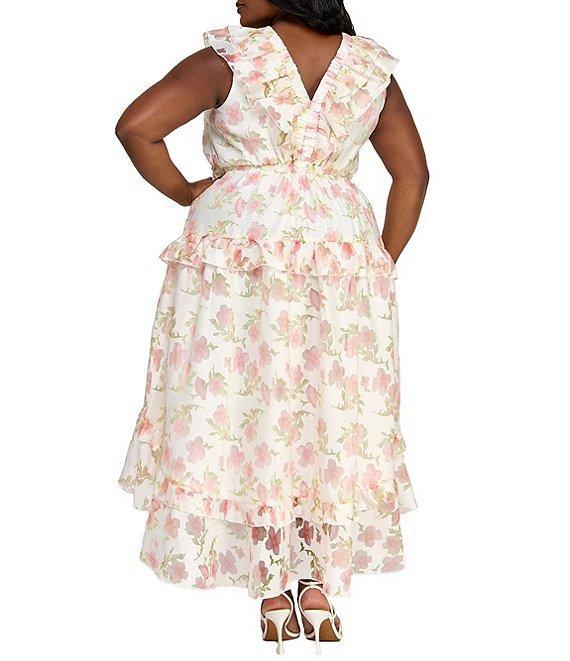 Layered With Love Plus Size V-Neck Flutter Sleeve Floral Burnout Jacquard High Low Hemline Dress Product Image