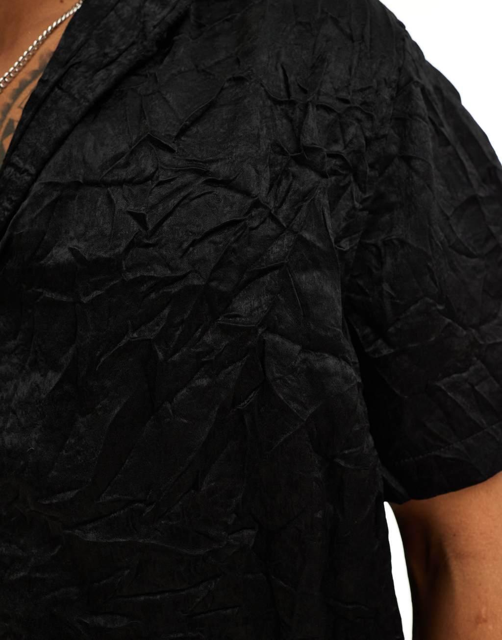 ASOS DESIGN short sleeve relaxed deep revere collar satin shirt in black Product Image
