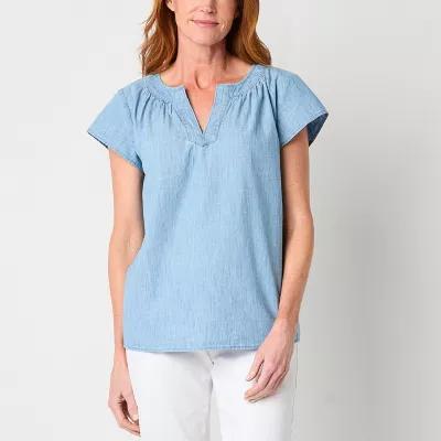 St. John's Bay Tall Womens Split Crew Neck Short Sleeve Embroidered Blouse Product Image