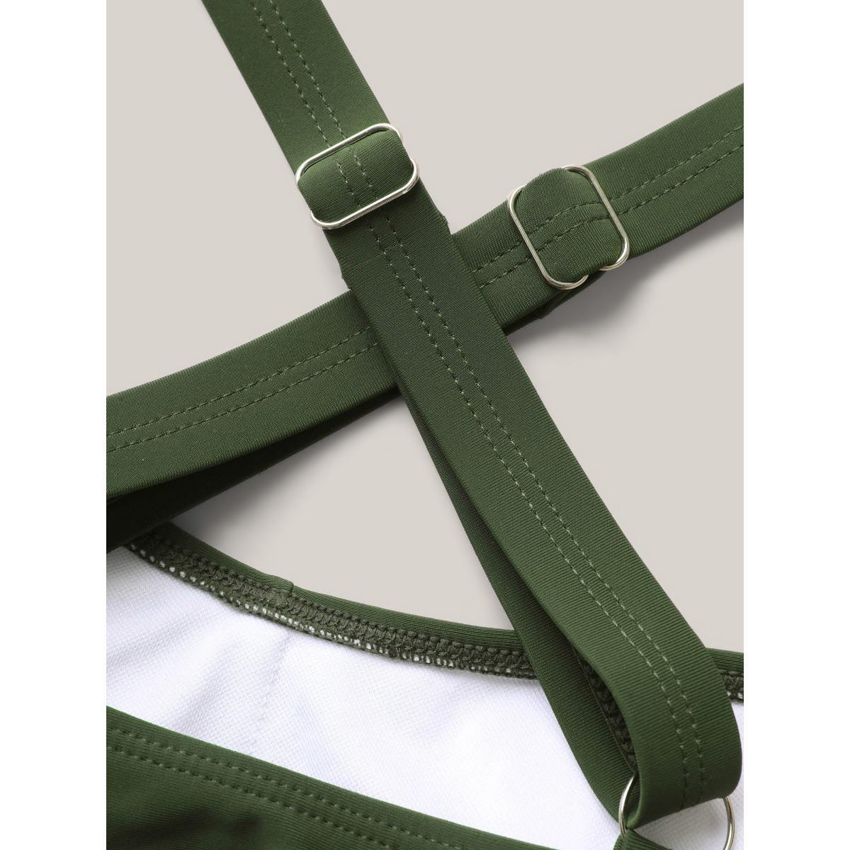 Plus Size Twist Front Patchwork Woven Ribbon Swim Top Women's Swimwear ArmyGreen Beach Woven ribbon&lace trim High stretch Skinny Heart neckline Curve Swim Tops BloomChic 12/L Product Image