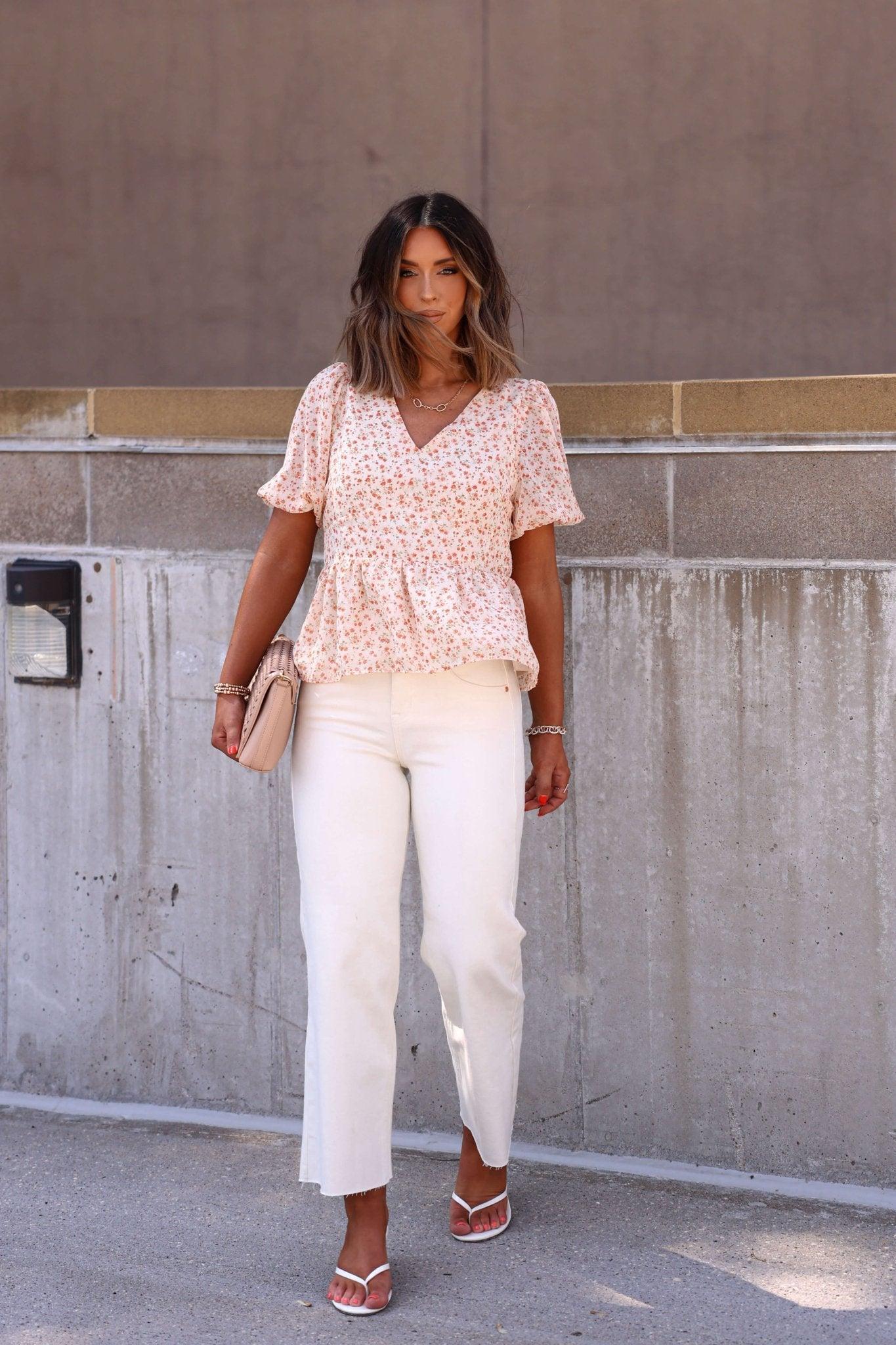 Summer Stroll Beige Print Puff Sleeve Blouse - FINAL SALE Female Product Image
