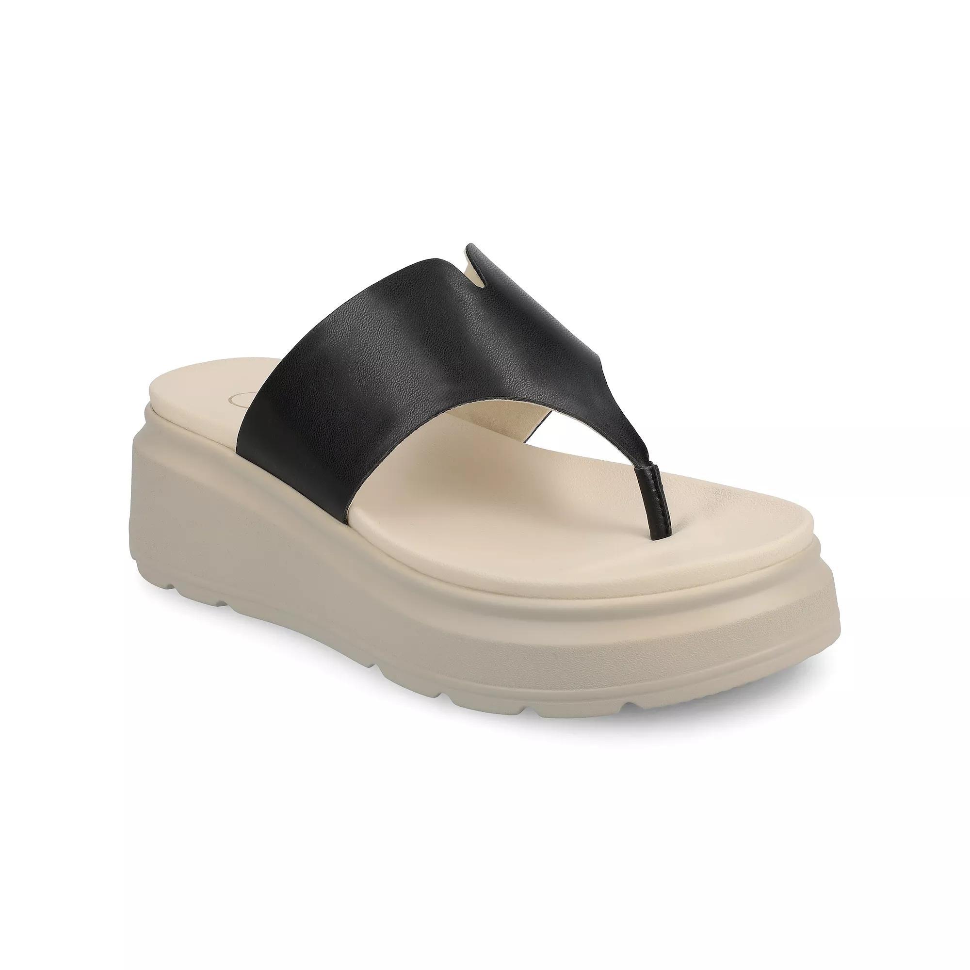 Journee Carah Wedge Thong Flip Flop Women's Sandals, Size: 9.5, Black Product Image