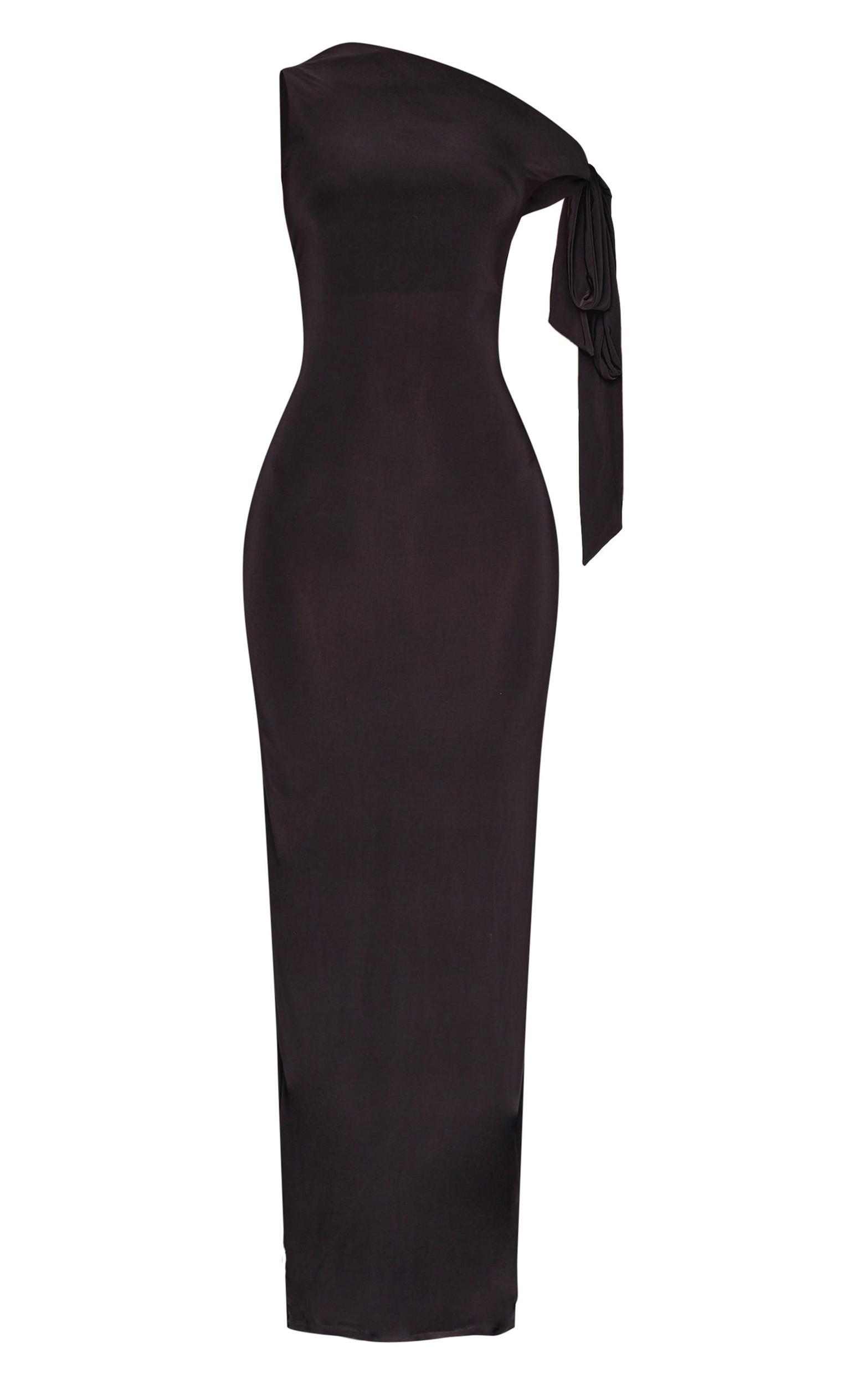 Petite Black Slinky Knot Detail Maxi Dress Product Image