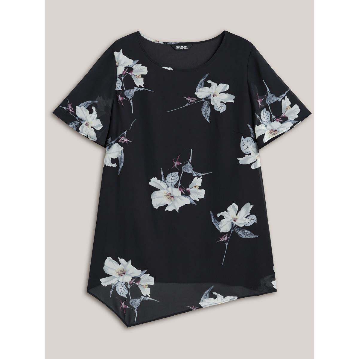Plus Size Black Chiffon Floral Round Neck Shirt Women Elegant Short sleeve Round Neck Everyday Blouses BloomChic 30/6X Product Image