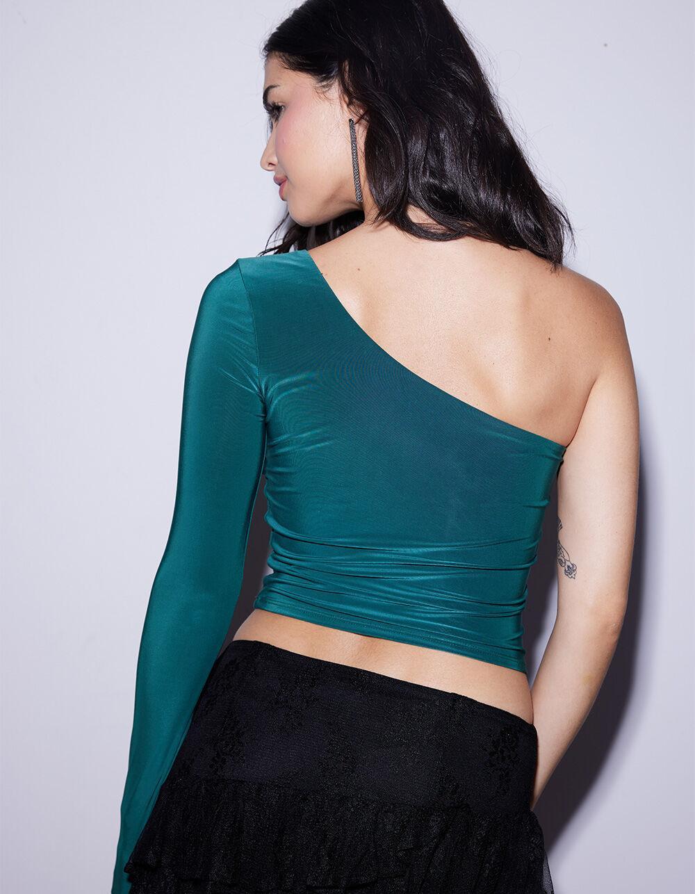 WEST OF MELROSE One Shoulder Womens Long Sleeve Top - GREEN Product Image