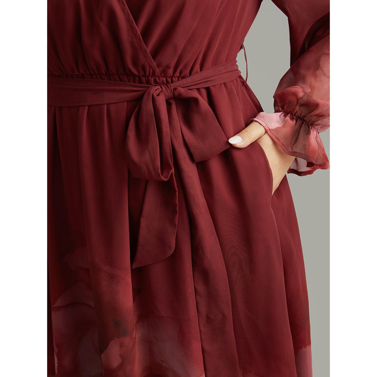 Plus Size Floral Mesh V Neck Belted Dress Scarlet Women Vacation Wrap Overlap Collar Long Sleeve Curvy Midi Dress BloomChic 26/4X Product Image