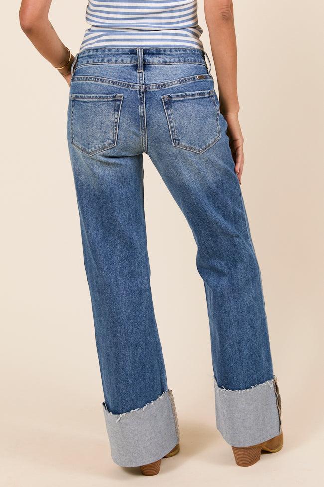 Jolie Dark Wash Mid Rise Wide Flare Cuffed Jeans Product Image