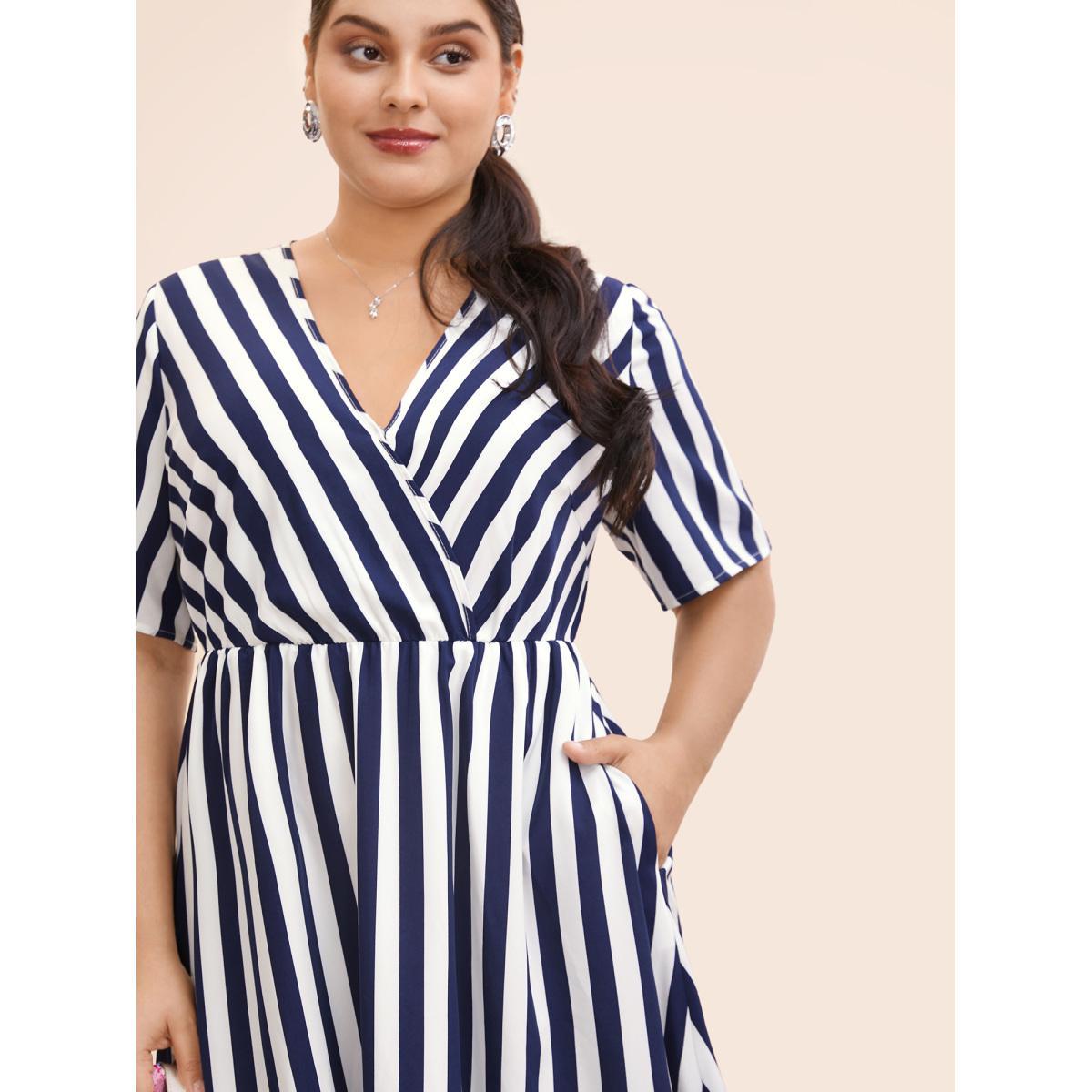 Plus Size Striped Overlap Collar Ruffle Sleeve Midi Dress Indigo Women At the Office Non Overlap Collar Half Sleeve Curvy BloomChic 14-16/1X Product Image