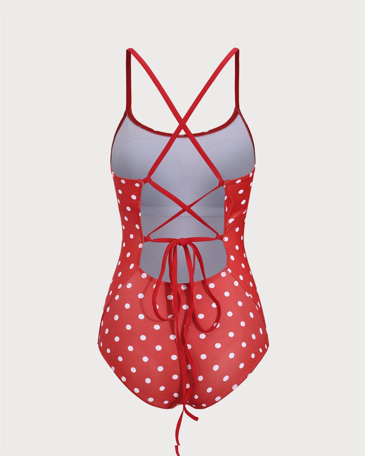 Red Polka Dot Backless One-Piece Swimsuit Product Image