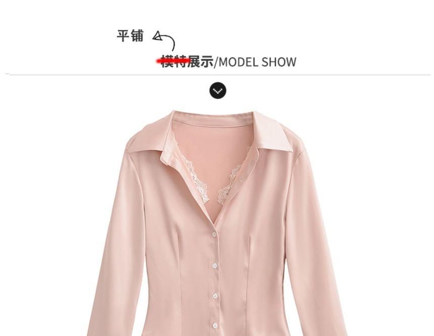 Lace-Trim Slim-Fit Satin Shirt Product Image