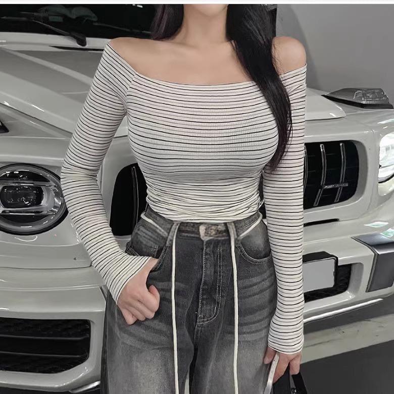 Long-Sleeve Off-Shoulder Striped T-Shirt Product Image