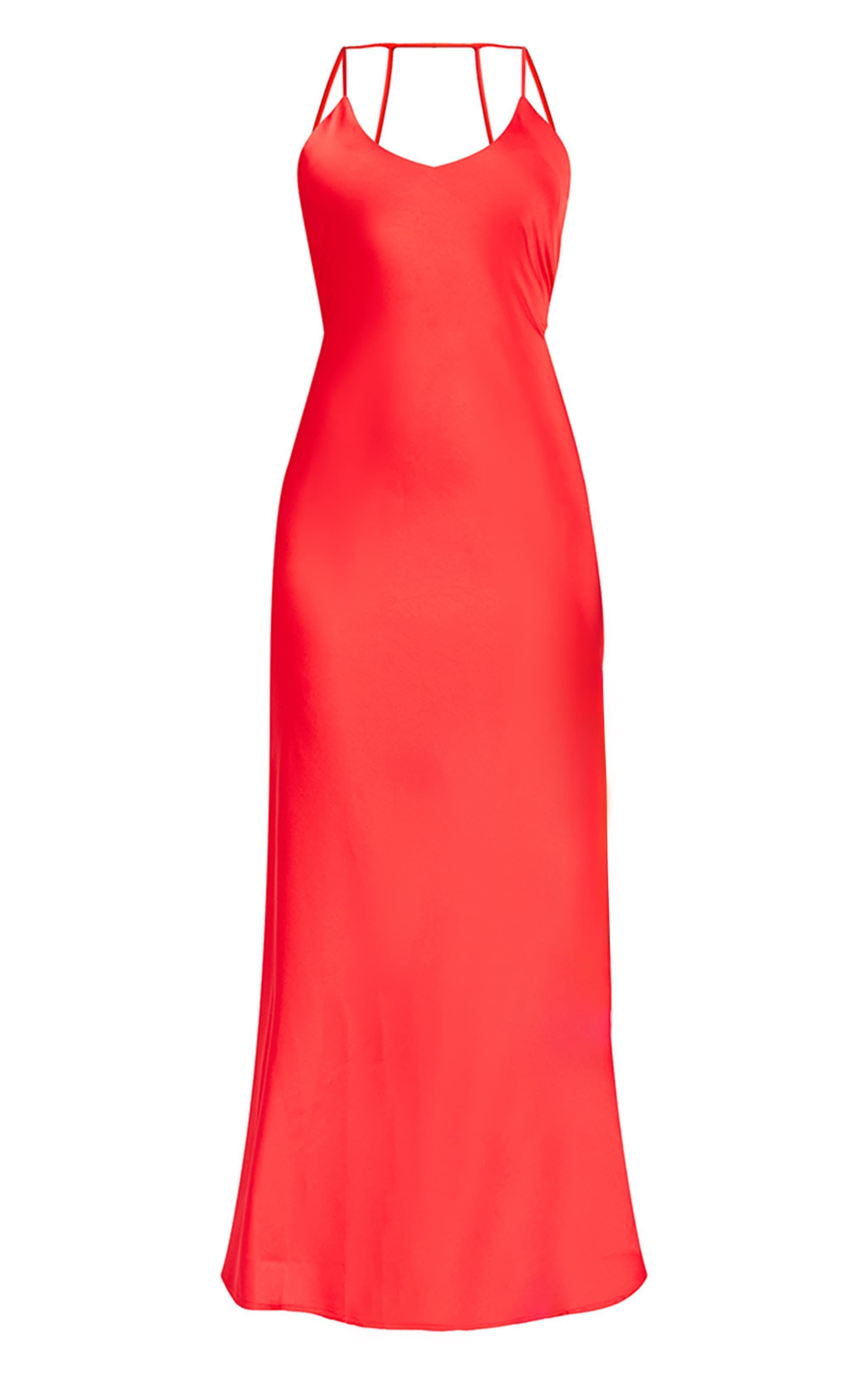 Red Satin V Neck Slip Dress Product Image