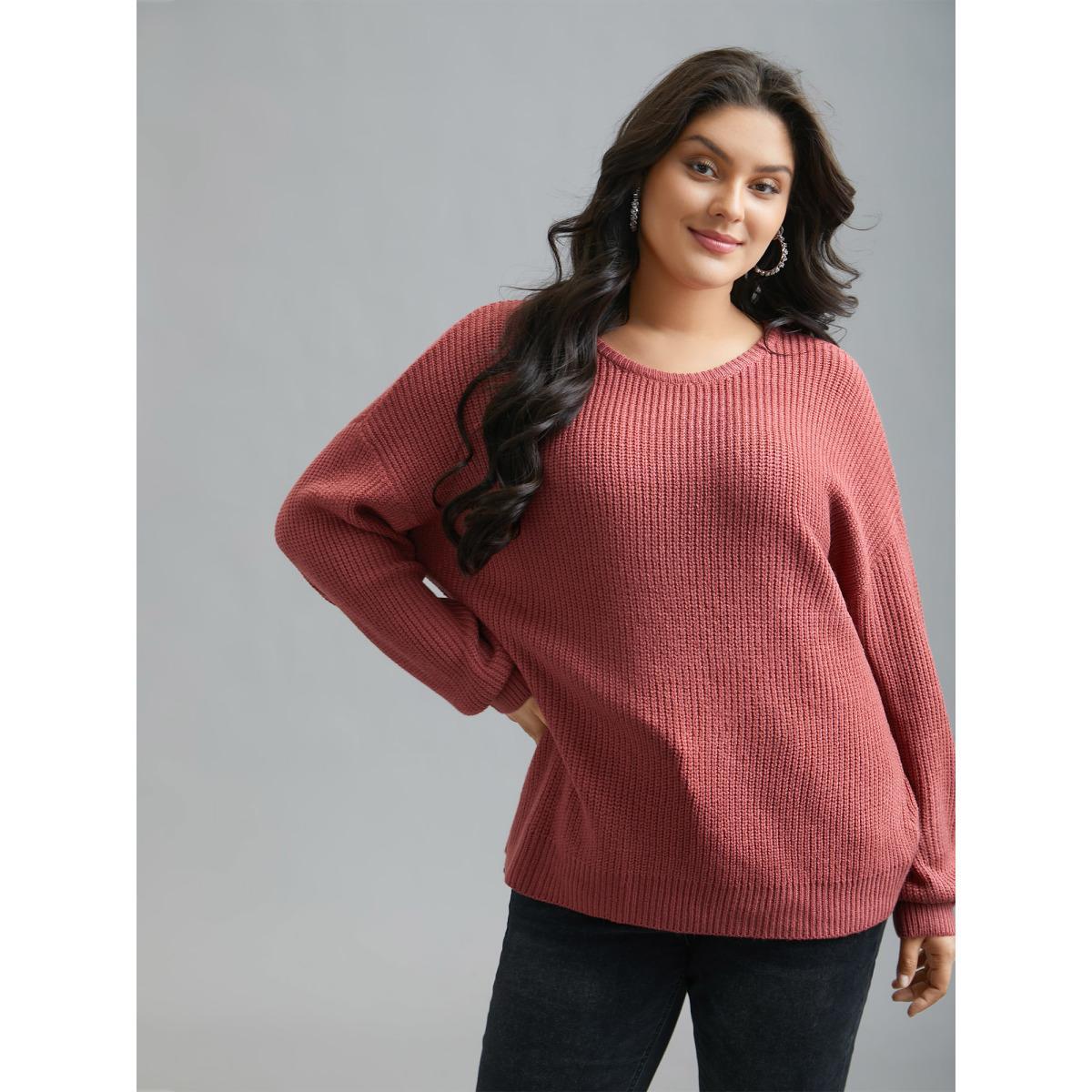 Plus Size Open Wrap Back Textured Tied Pullover Rust Women Casual Loose Long Sleeve Round Neck Everyday Pullovers BloomChic 10/M Product Image