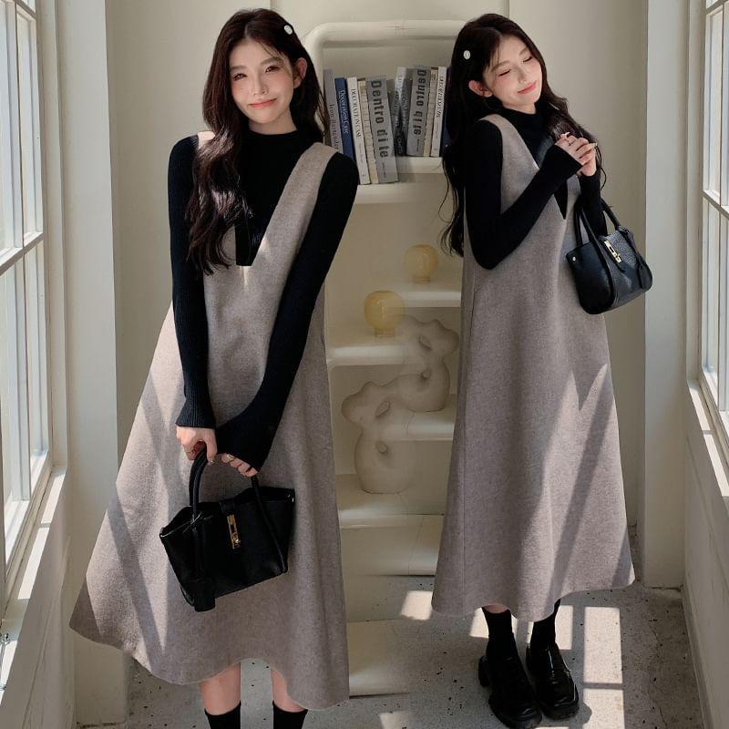 Maternity Long-Sleeve Mock Neck Plain Knit Top / Sleeveless Midi Pinafore Dress / Set Product Image