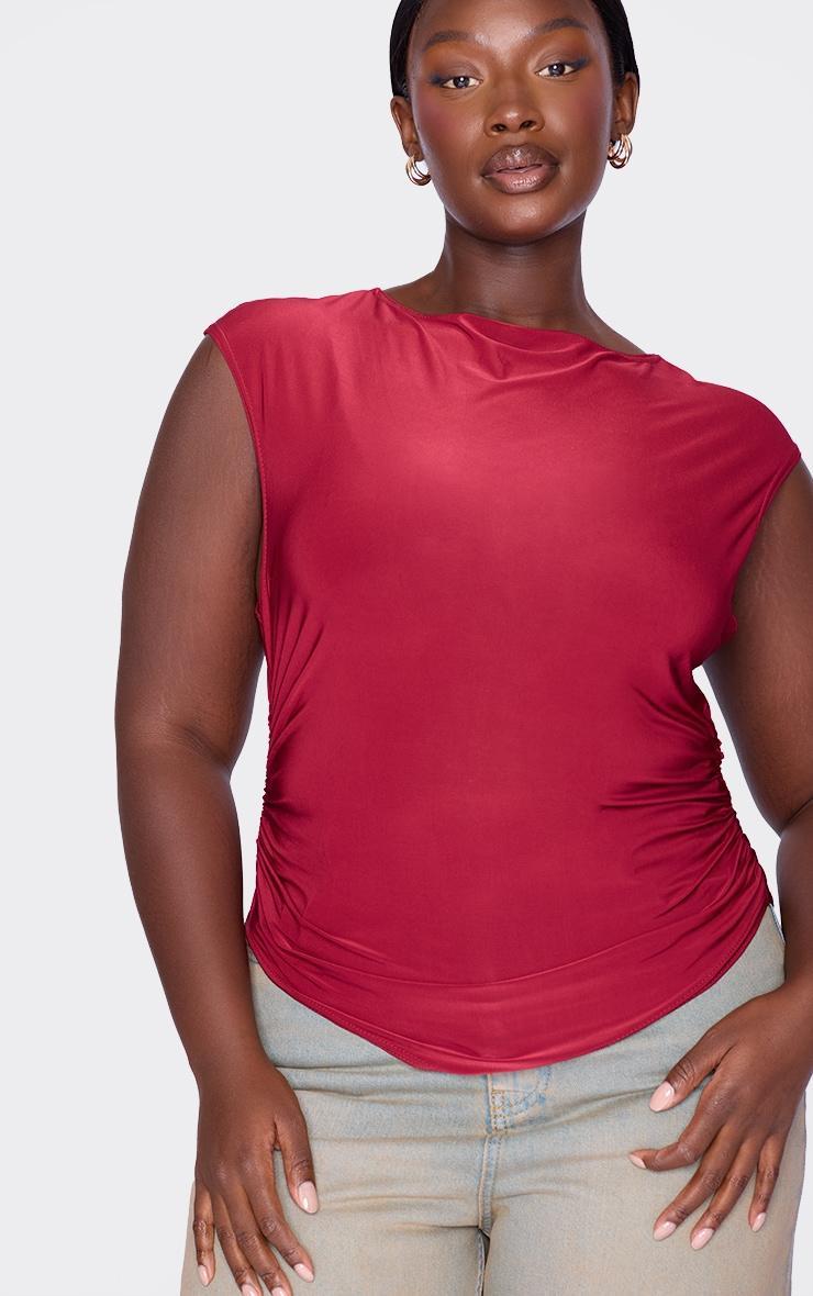Plus Burgundy Slash Neckline Long Top Product Image