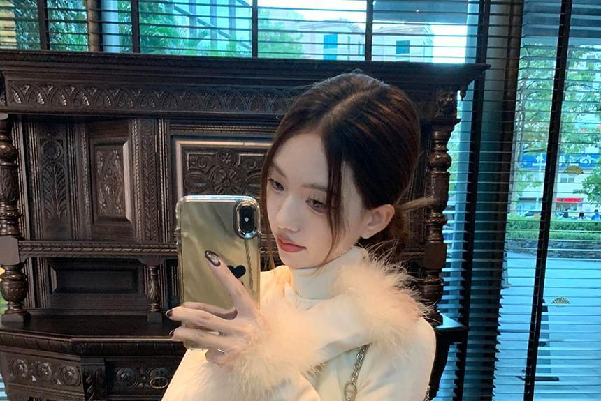 Crew Neck Plain Fluffy Trim Frog Closure Puffer Vest / Long Sleeve Mock Neck Plain Top / Elastic Waist Wide Leg Pants Product Image