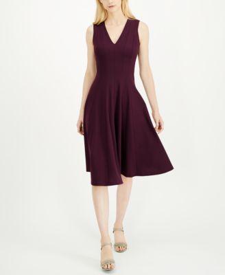 Calvin Klein Scuba Crepe V-Neck Fit And Flare (Malachite) Women's Dress Product Image