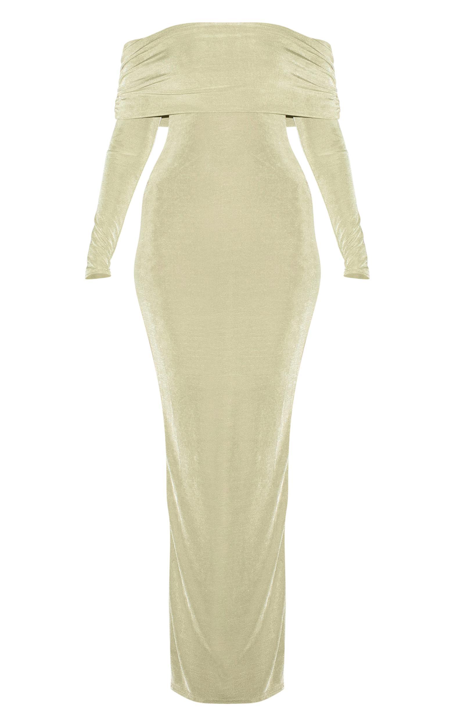 Sage Green Acetate Slinky Bardot Long Sleeve Maxi Dress Product Image