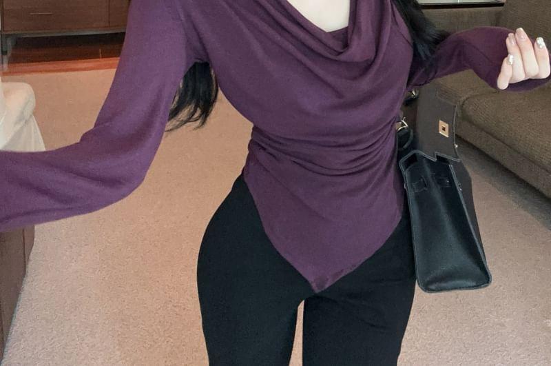 Long Sleeve Halter Plain Ruched Top Product Image