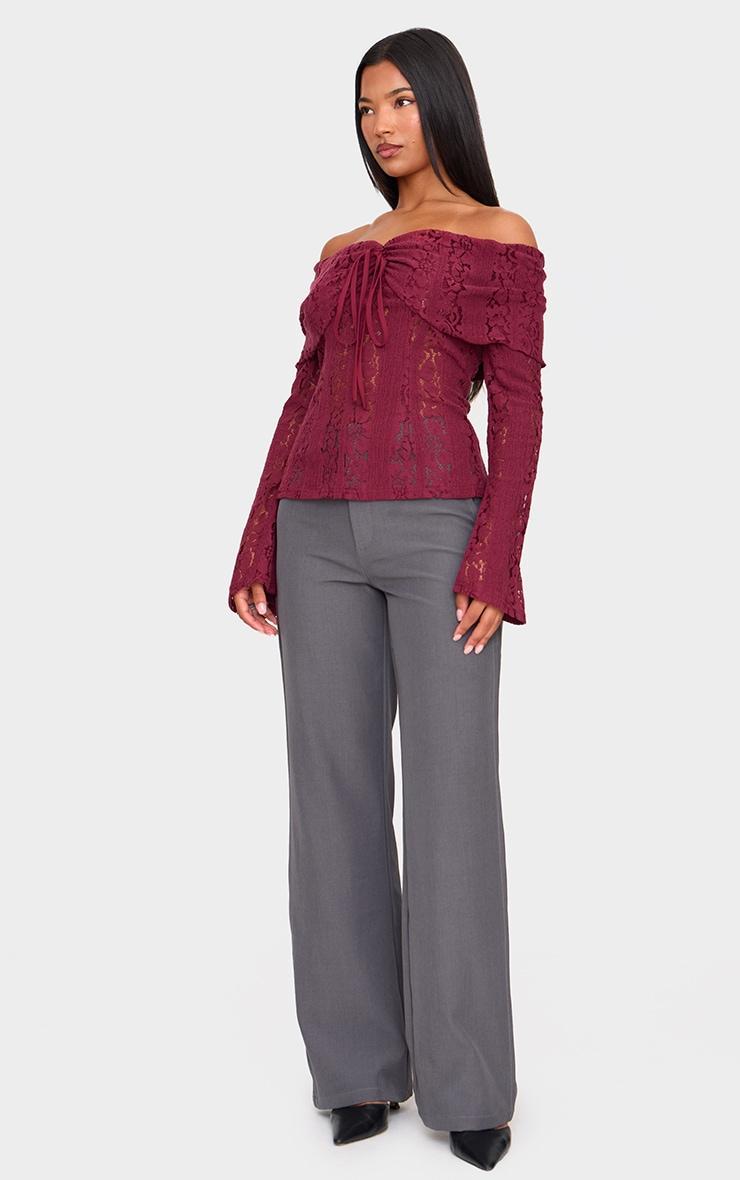 Plum Fitted Lace Flared Sleeve Bardot Top Product Image