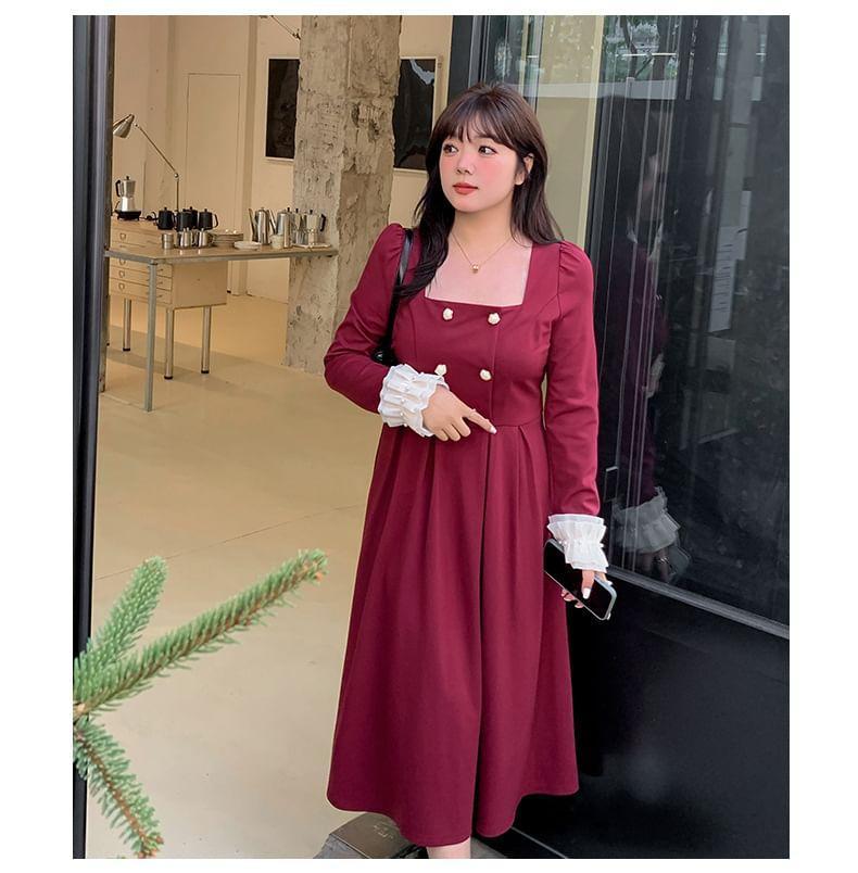 Plus Size Long-Sleeve Square Neck Double-Breasted Frill Trim Midi A-Line Dress Product Image