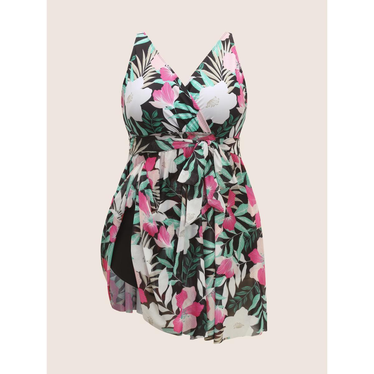 Plus Size Overlap Collar Floral Mesh Patchwork Swim Dress Women's Swimwear Black Beach Bodycon Overlap Collar High stretch Curve Swim Dresses BloomChic 12/L Product Image