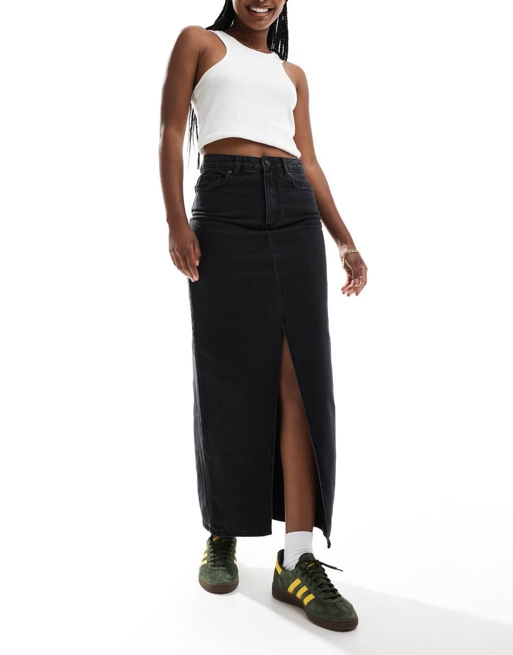 DTT denim midi skirt with front split in black Product Image