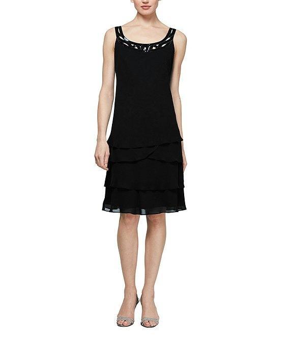 Ignite Evenings Petite Size Sequin Trim Scoop Neck Long Sleeve Tiered Jacket Dress Product Image