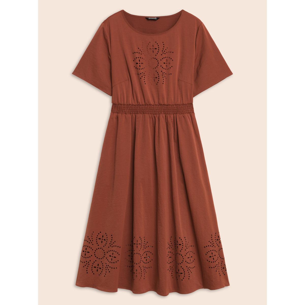 Plus Size Floral Burnout Stretchy Waist Midi Dress Rust Women Resort Cut-Out Round Neck Short sleeve Curvy BloomChic 18-20/2X Product Image
