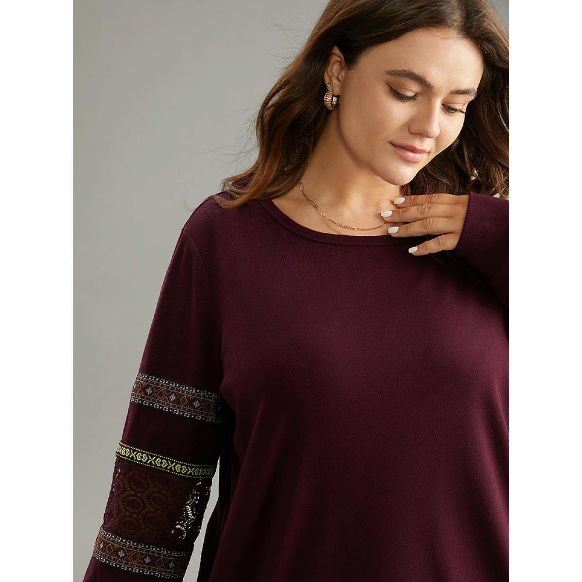 Plus Size Bandana Print Lace Insert Crew Neck Sweatshirt Women Burgundy Elegant Patchwork Round Neck Dailywear Sweatshirts BloomChic 30/6X Product Image