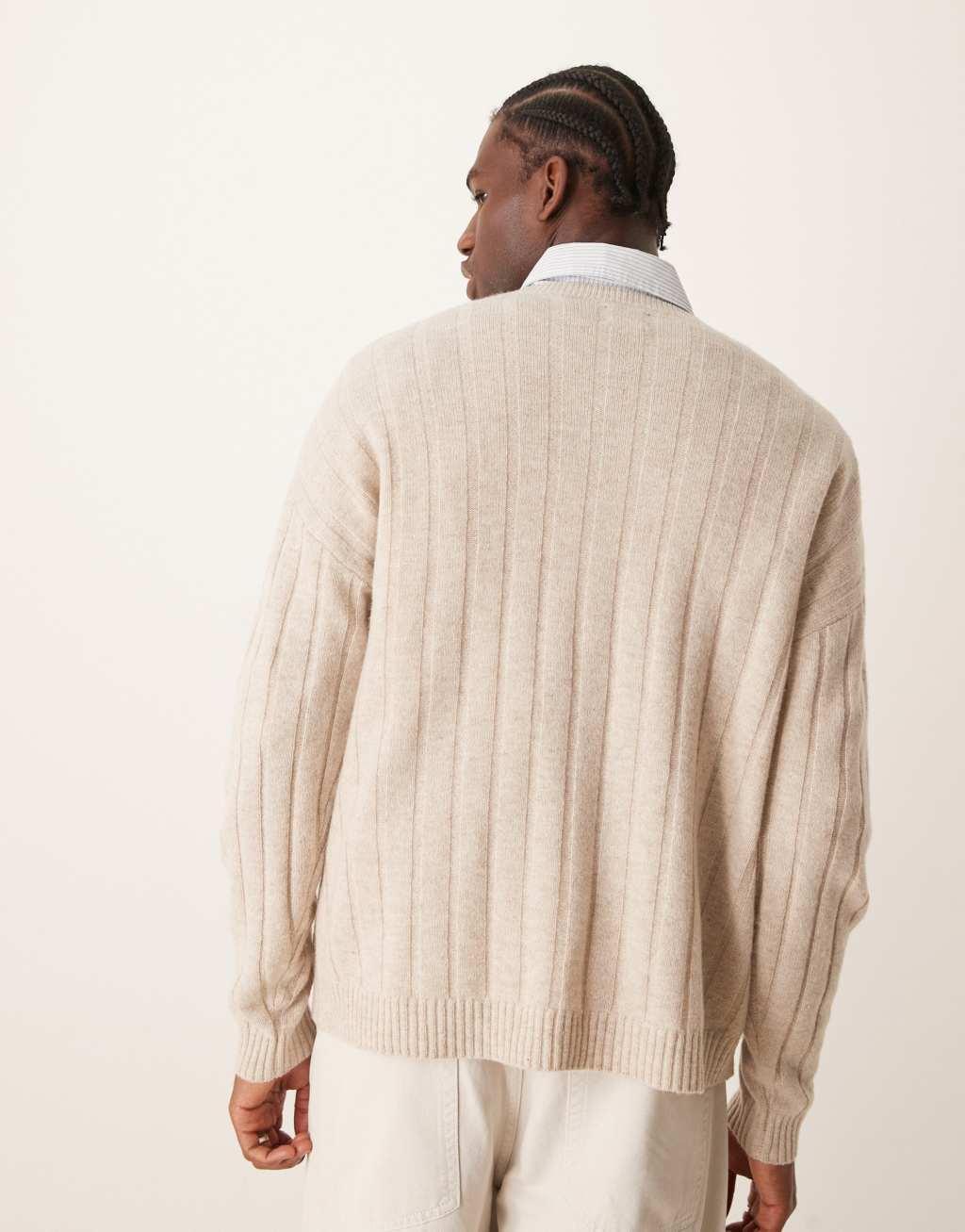 ASOS DESIGN relaxed knitted lambswool wide rib sweater in oatmeal Product Image