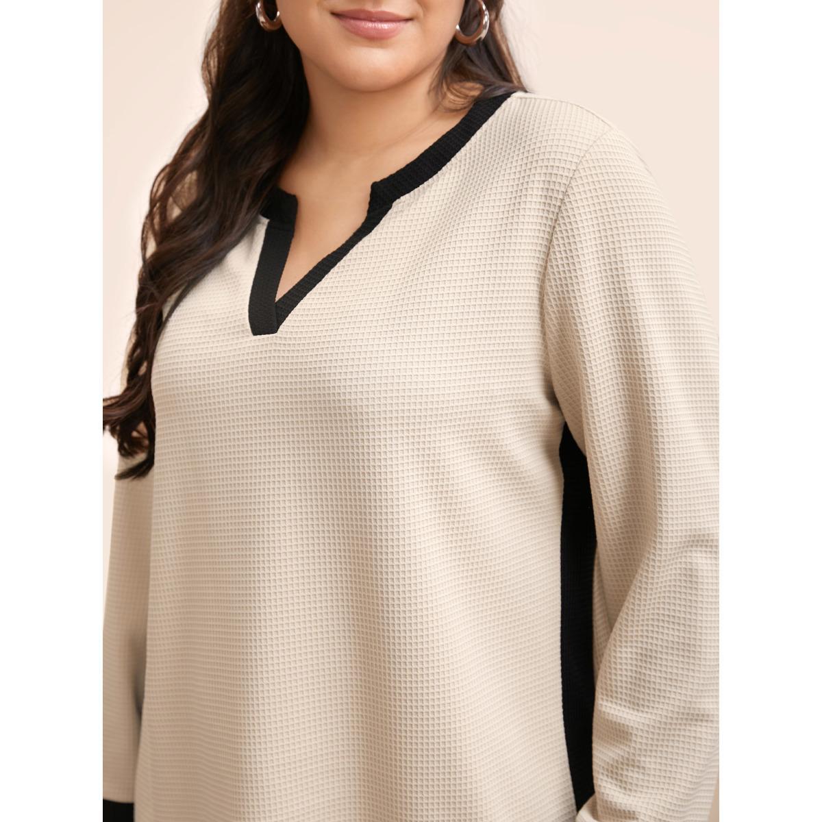 Plus Size Notched Rib Knit Contrast Trim Sweatshirt Women Apricot Casual Texture Flat collar with V-notch Everyday Sweatshirts BloomChic 26/4X Product Image