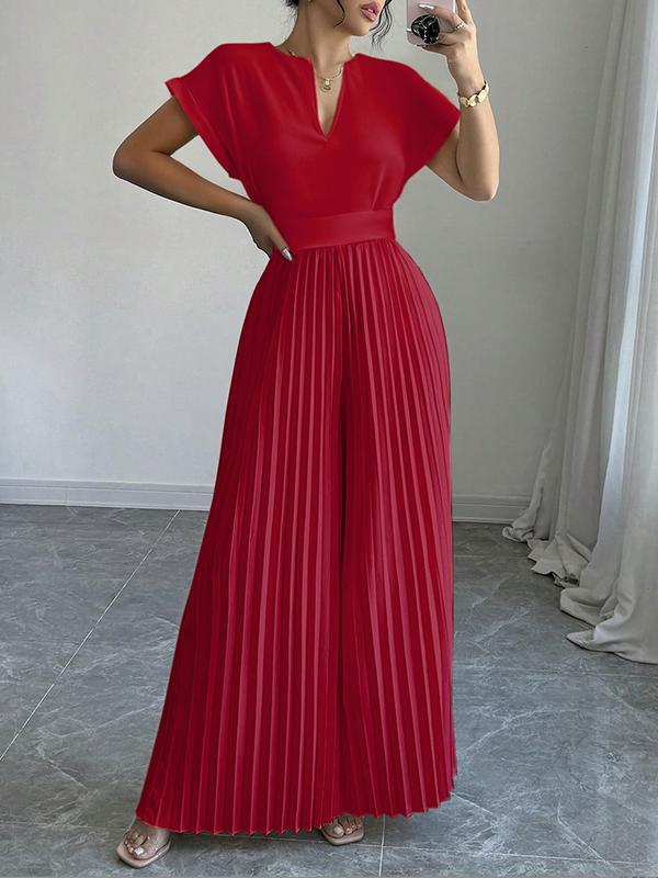 Loose Short Sleeves Pleated Solid Color Split-Joint V-Neck Jumpsuits Product Image