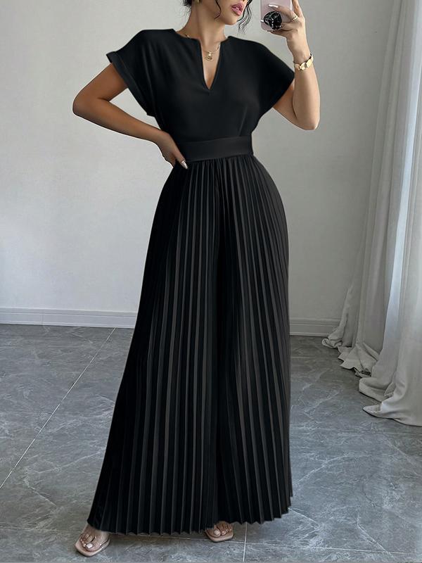 Loose Short Sleeves Pleated Solid Color Split-Joint V-Neck Jumpsuits Product Image