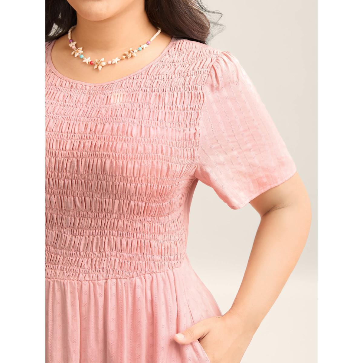 Plus Size Cotton Textured Shirred Bodice Pleated Midi Dress Crepe Women Round Neck Sleeveless Curvy BloomChic 28/5X Product Image