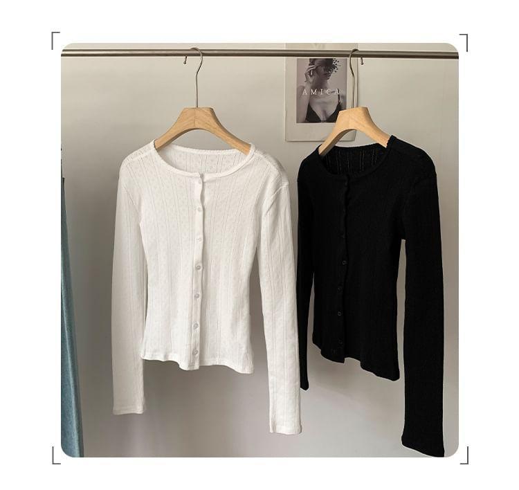 Long-Sleeve Crew Neck Plain Lace Trim Button-Up T-Shirt Product Image