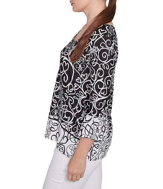 Ruby Rd. Whirlwind Heart Border Print Knit Sweetheart Neck 3/4 Sleeve Top Product Image