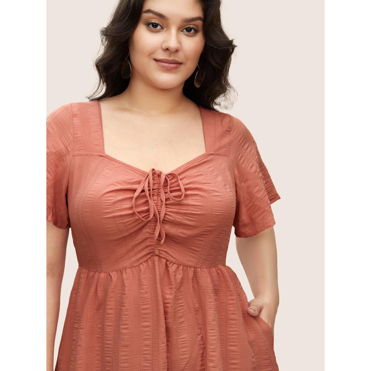 Plus Size Plain Ruched Drawstring Pocket Ruffle Tiered Dress Chocolate Women Elegant Non V-neck Short sleeve Curvy Midi Dress BloomChic 22-24/3X Product Image
