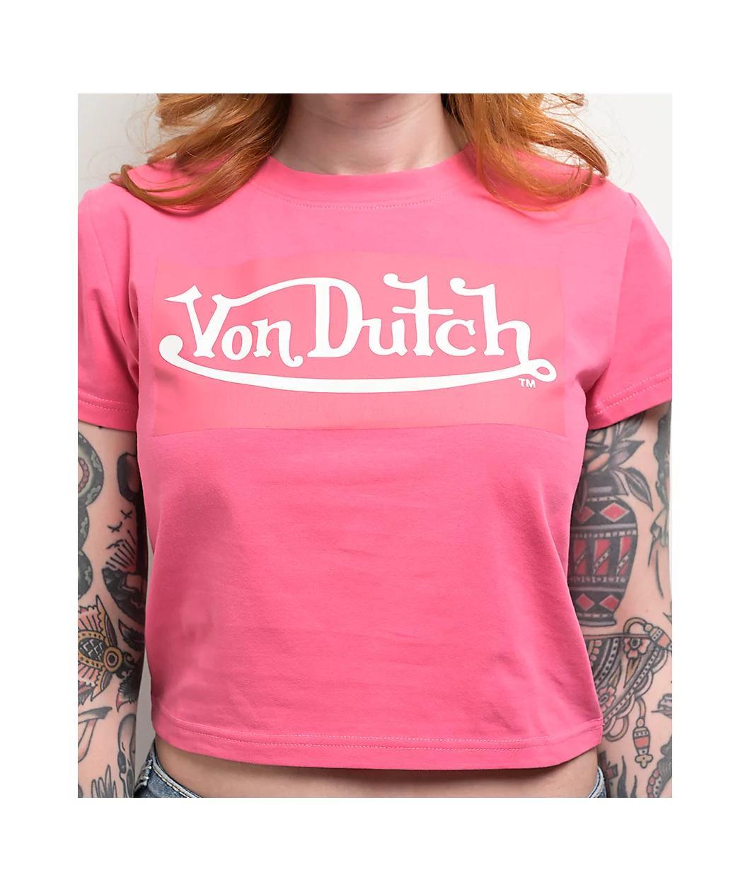 Von Dutch Logo Hot Pink Crop T-Shirt Product Image
