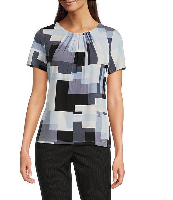 Calvin Klein Printed Matte Jersey Pleated Crew Neck Short Sleeve Fitted Blouse Product Image