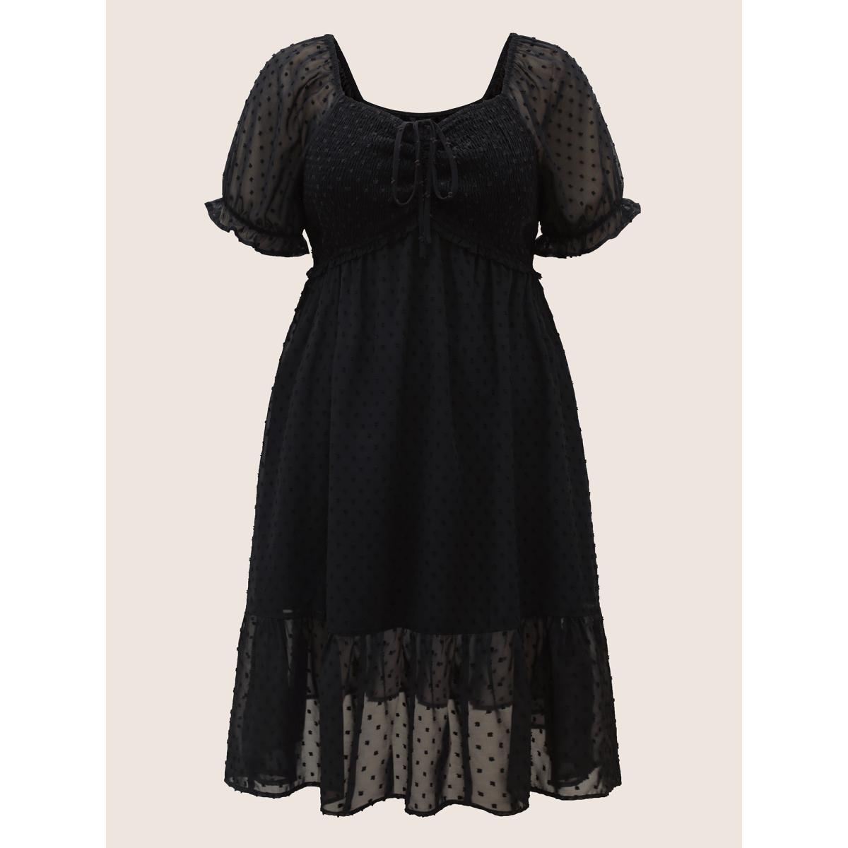 Plus Size Polka Dot Textured Mesh Shirred Drawstring Dress Black Women Elegant Texture V-neck Short sleeve Curvy BloomChic 10/M Product Image