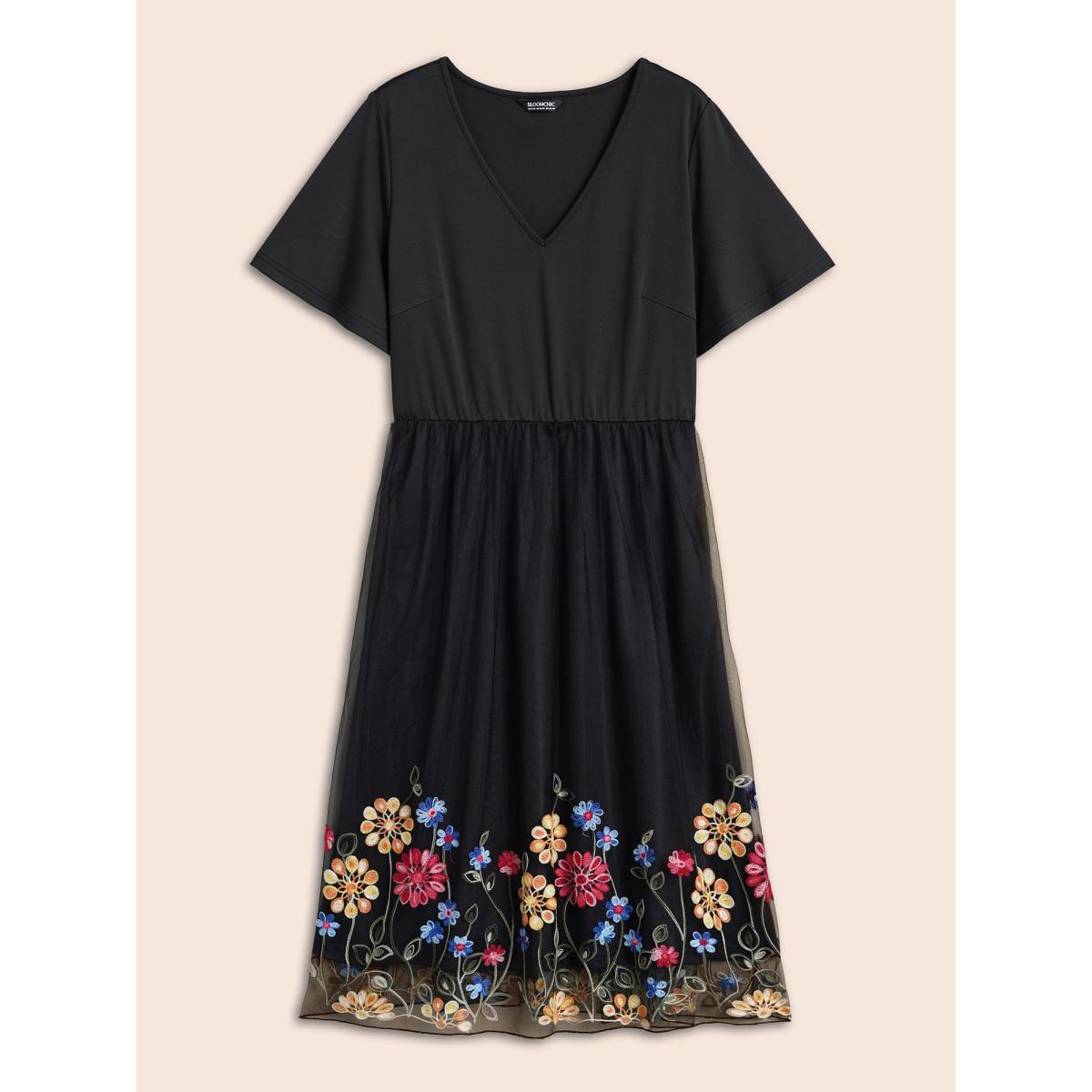 Plus Size Floral Embroidered Hem Stretchy-Waist Pockets Midi Dress BlackFlower Women Elegant See through V-neck Short sleeve Curvy BloomChic 14-16/1X Product Image