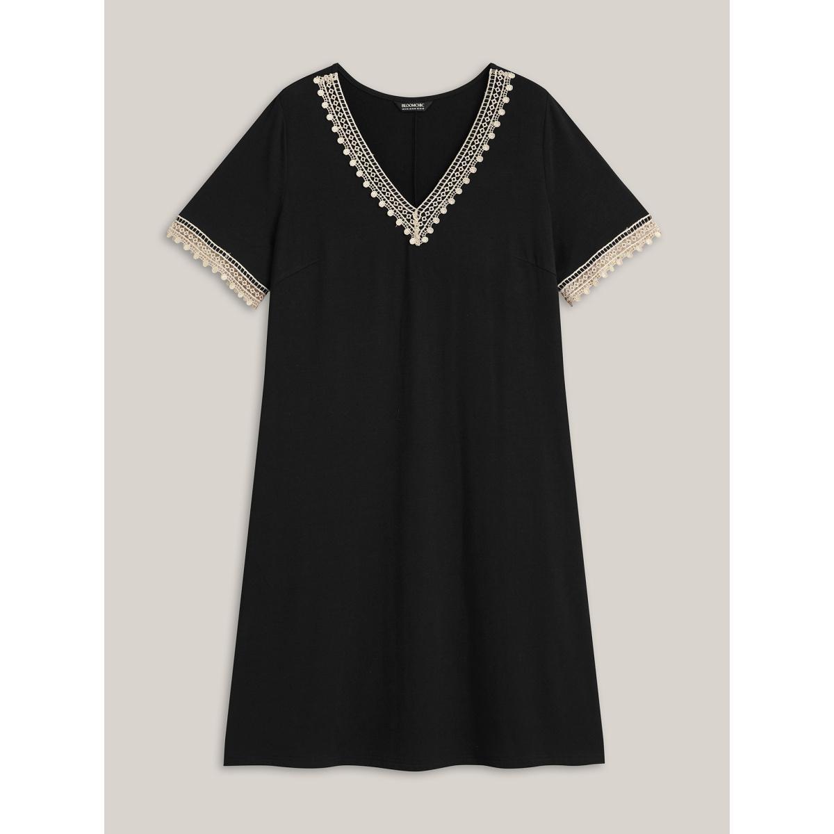 Plus Size Super Soft V-Neck Lace Midi Dress Black Women Resort Woven ribbon&lace trim Knit Dresses Bloomchic 22-24/3X Product Image