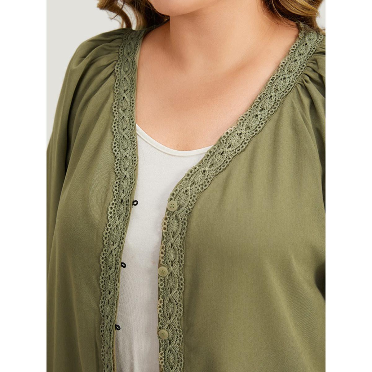 Plus Size Plain Contrast Lace Lantern Sleeve Button Fly Coat Women Sage Casual Elastic cuffs Ladies Dailywear Winter Coats BloomChic 26/4X Product Image