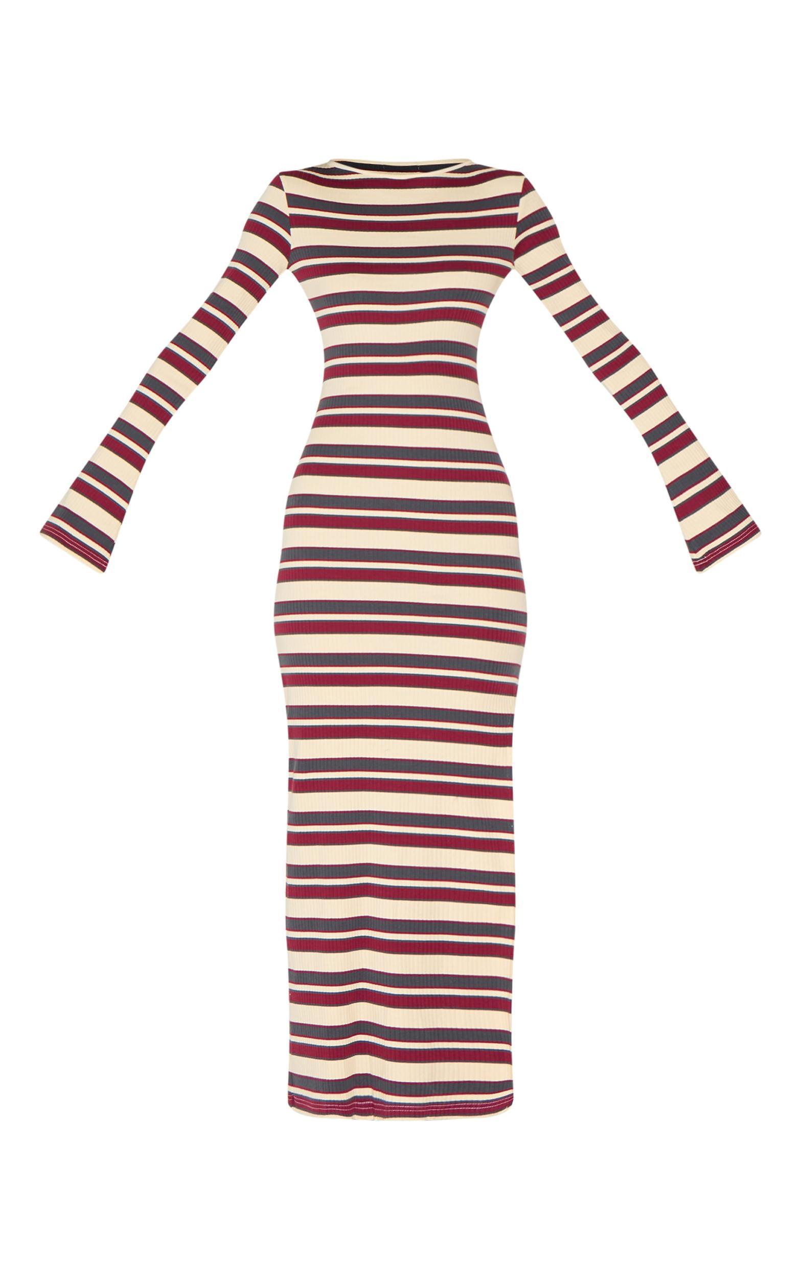 Burgundy Striped Boat Neck Long Sleeve Bodycon Dress Product Image