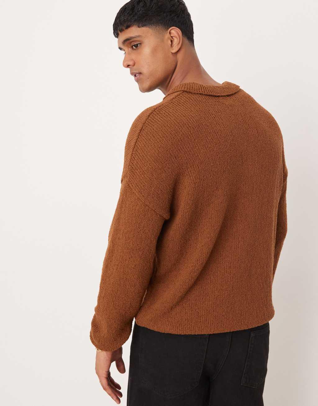 ASOS DESIGN relaxed knitted notch neck texture sweater in tan Product Image