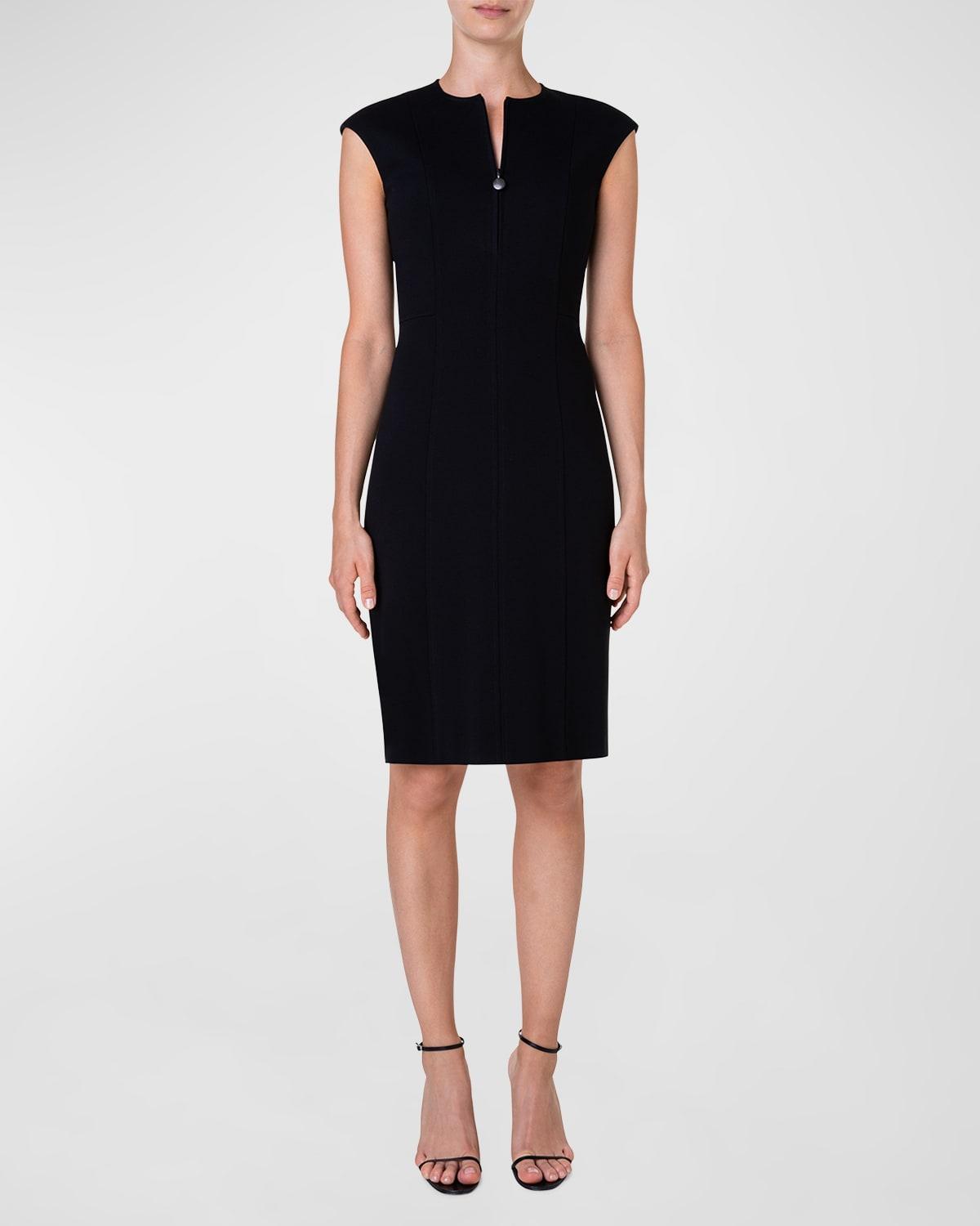 Cap-Sleeve Zip-Front Seamed Dress, Black Product Image