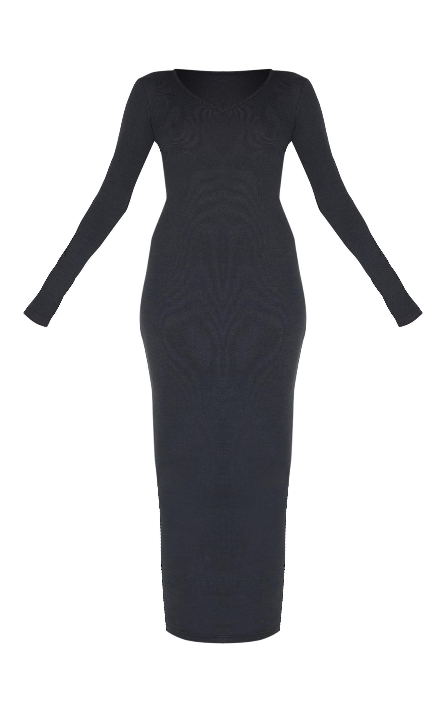 Black Ribbed V Neck Long Sleeve Maxi Dress Product Image